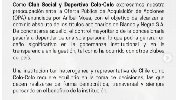 CSyD Colo Colo manifestó su preocupación por compra de acciones de Mosa