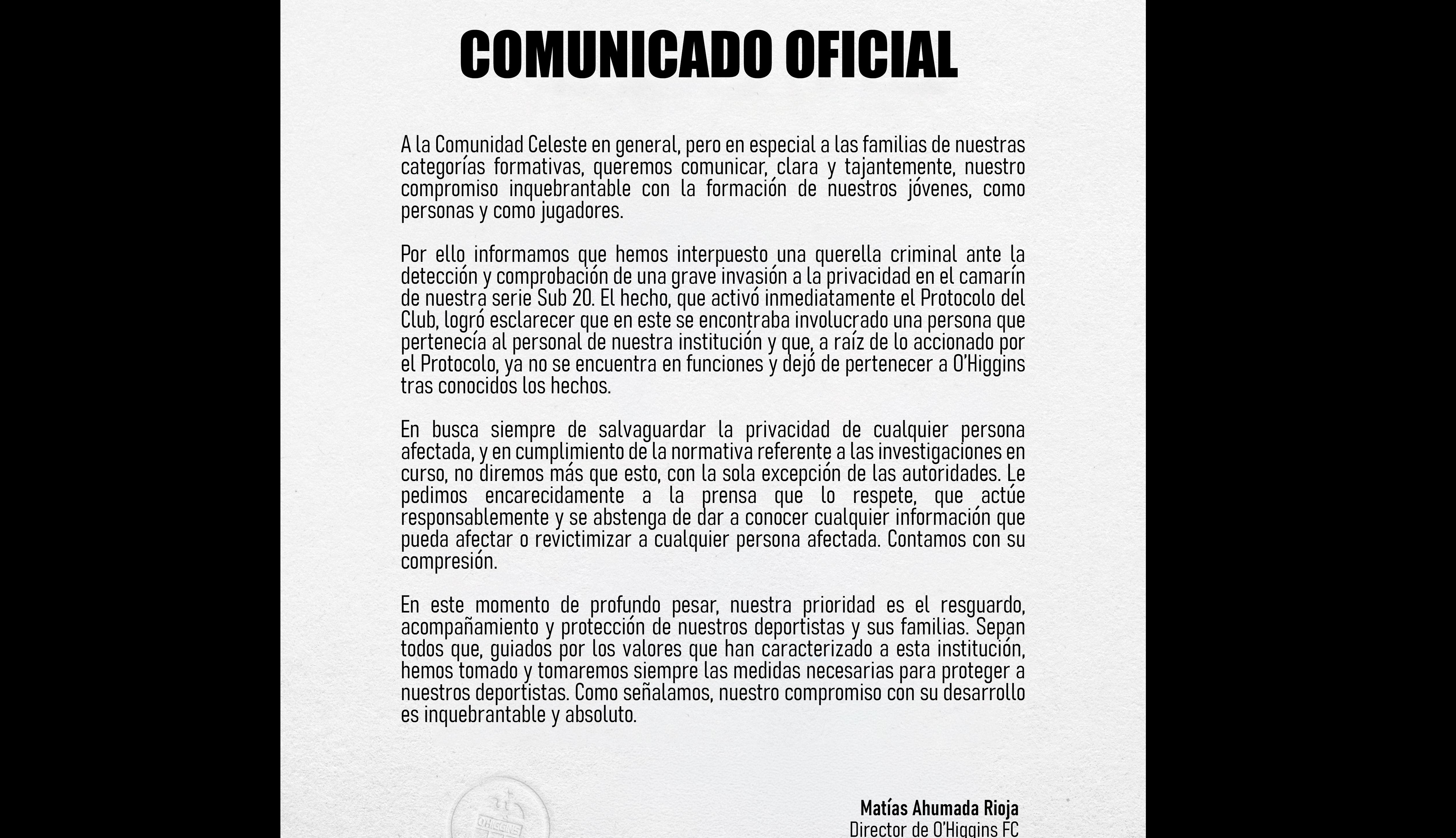 O’Higgins denuncia grave hecho ocurrido en camarín de la Sub 20